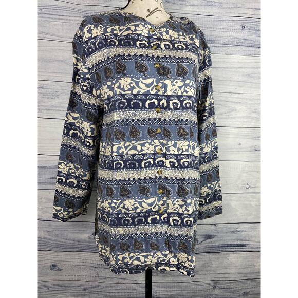 Anna and Frank Silk Tunic Blouse Womens M Button Front 3/4 Sleeves Hawaiian - Picture 1 of 10